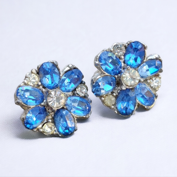 Vintage Jewelry - Vintage Bogoff blue and white rhin stone earrings
